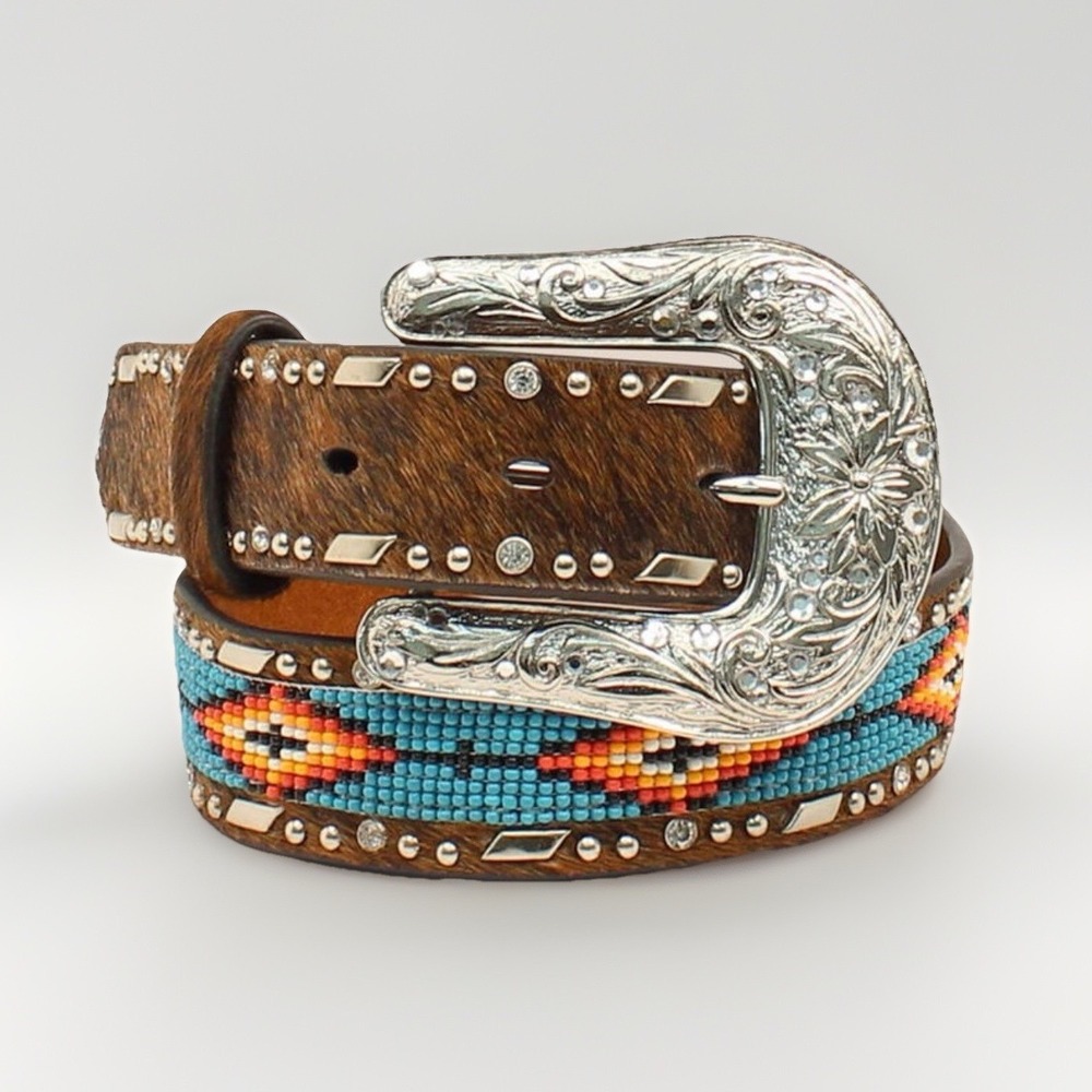 Ariat Brown Hair on Hide Turquoise Beaded Rhinestone Western Belt Small A1515402